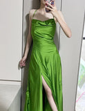 Elegant Green Spaghetti Strap Slit Satin Long Sleeveless Prom Dress Party Pong Evening Dress HZ1108