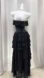 Elegant Black Strapless A-Line Layered Chiffon Long Prom Dress Graduation Prom Dress HZ1108