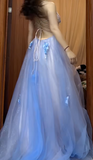 Backless A-Line Spaghetti Strap Tulle Applique Long Prom Dress Sweet Evening Dress HZ1108