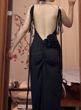 Black Sexy Chiffon Sheath Backless Long Prom Dress Spaghetti Strap Party Dress HZ1108