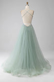 Sweet Green A-Line Tulle Strapless Sequined Long Prom Dresses for Birthday Backless Evening Gowns HZ1108