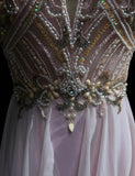 Gorgeous Pink A-Line Tulle High Neck Chiffon Long Beaded Backless Prom Dress Retro Wedding Birthday Dress HZ1108