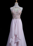 Gorgeous Pink A-Line Tulle High Neck Chiffon Long Beaded Backless Prom Dress Retro Wedding Birthday Dress HZ1108