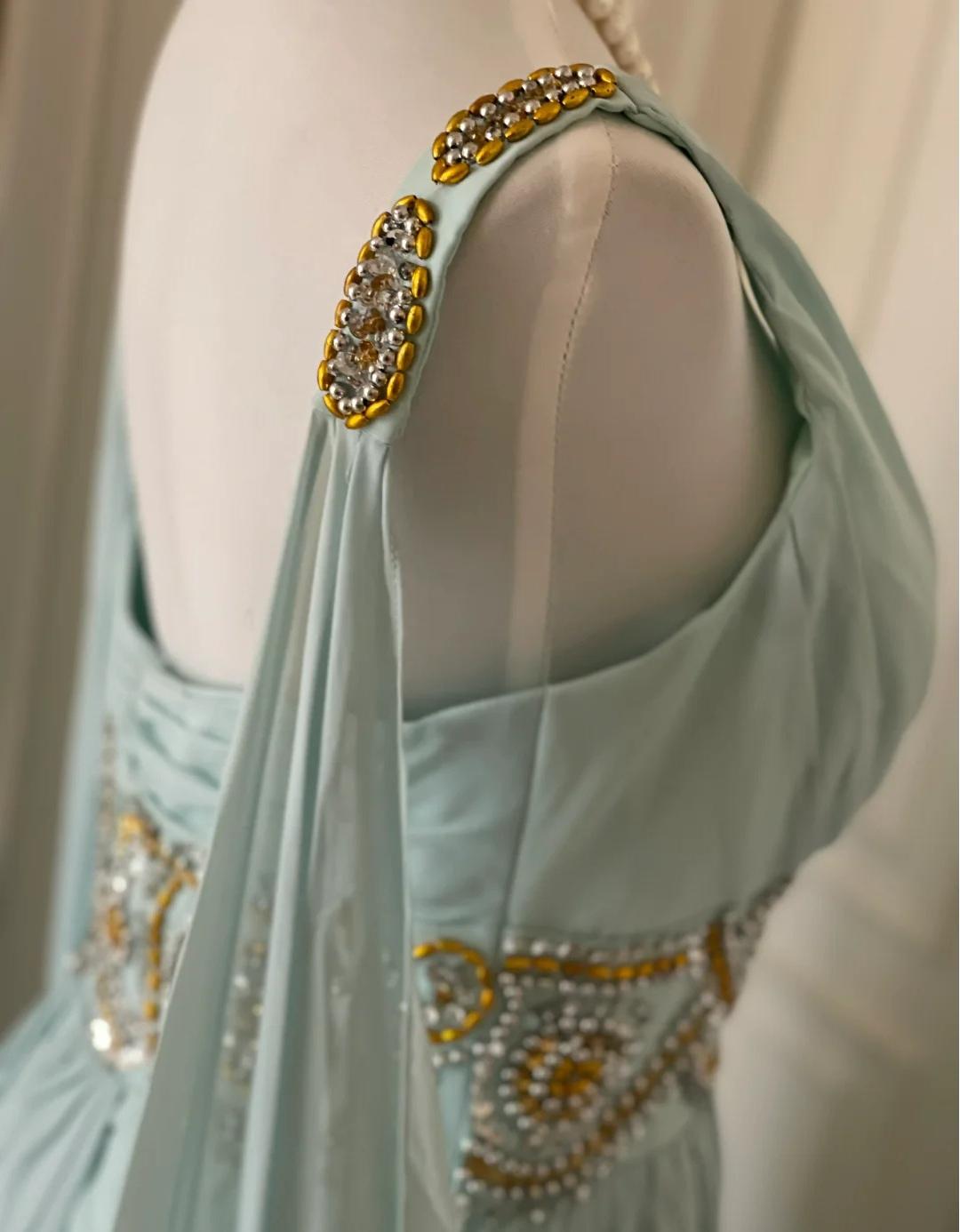 Vintage Tiffany Blue V-neck A-Line Beaded Chiffon Long Prom Dress Evening Dress Wedding Dress HZ1108