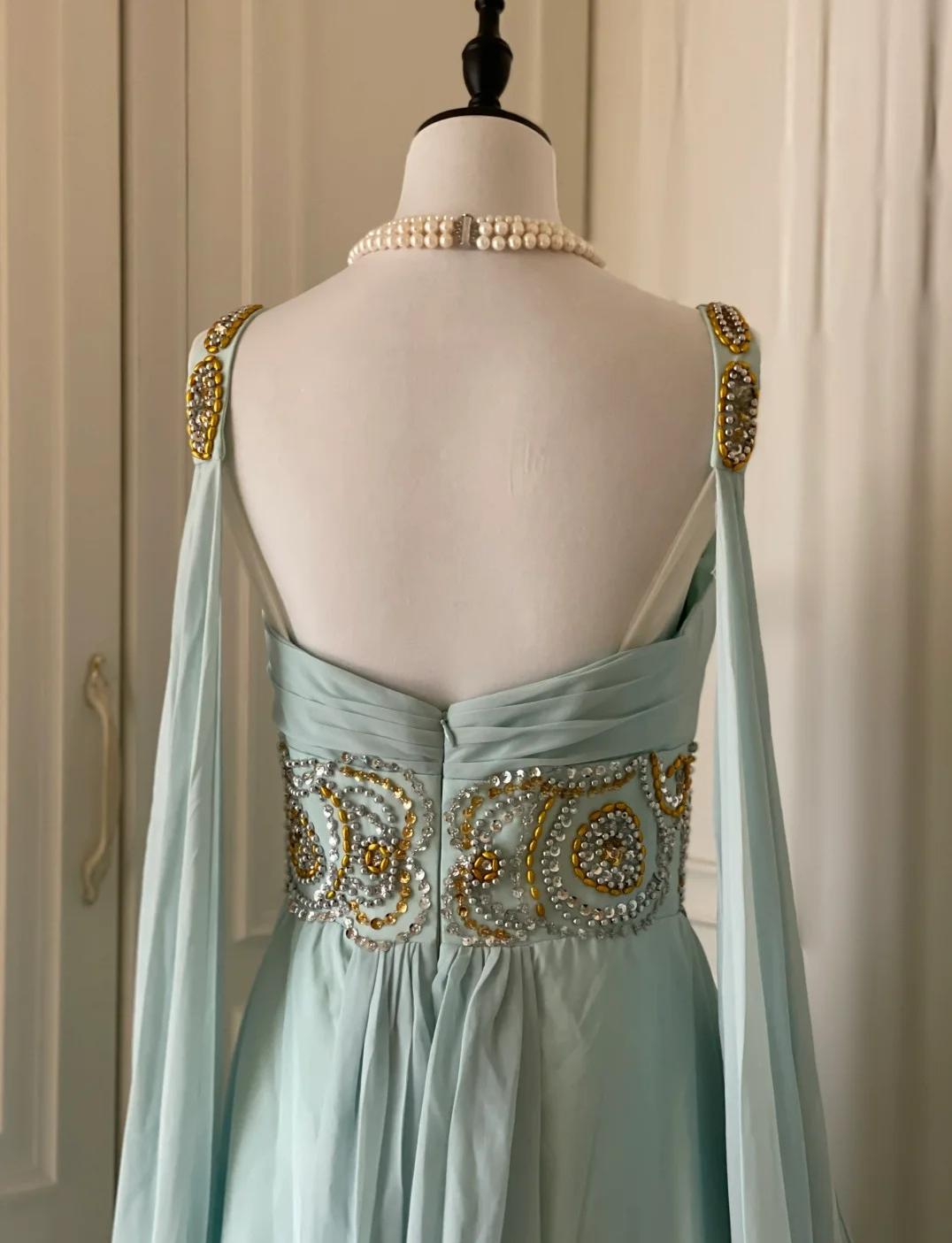 Vintage Tiffany Blue V-neck A-Line Beaded Chiffon Long Prom Dress Evening Dress Wedding Dress HZ1108