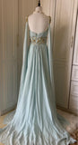 Vintage Tiffany Blue V-neck A-Line Beaded Chiffon Long Prom Dress Evening Dress Wedding Dress HZ1108