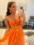 Orange A line Strapless Tulle Lace Long Prom Dres Applique Formal Dress HZ1108