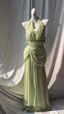 Retro Light Green V-neck Chiffon Beaded Sequins Floor-length Prom Dress Beautiful Birthday Evening Dress HZ1108