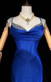 Royal Blue Elegant Mermaid Satin Spaghetti Strap Long Prom Dress Beaded Formal Evening Gown HZ1108