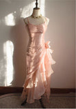 Sweet Blush Pink Spaghetti Straps Sleeveless Chiffon Prom Dress Vintage Birthday Evening Dress HZ1108