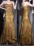 Golden Elegant Beaded Silk Mermaid Long Prom Dress Gorgeous Spaghetti Strap Evening Gown HZ1108
