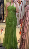 Vintage Green Halter Mermaid Chiffon Beaded Sequin Prom Dress Elegant Formal Evening Dress HZ1108