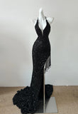 Gorgeous Black Sequin Mermaid Spaghetti Strap Vling Long Prom Dress Backless Formal Evening Dress HZ1108