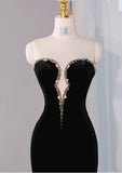 Elegant Black Velvet Mermaid Strapless Beaded Long Prom Dress Tulle Formal Evening Dress HZ1108