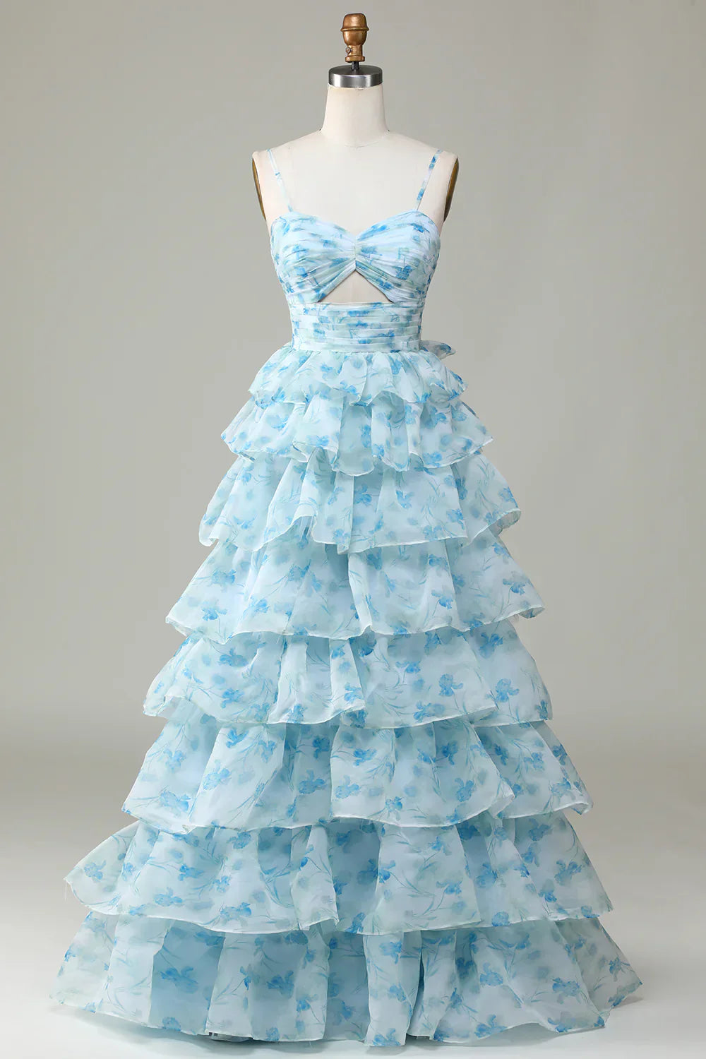 ?? Enchanted Blue A-Line Evening Gown ¨C Sweet Floral Layered Prom Dress for Special Occasion HZ1108