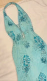Vintage Blue V-neck Chiffon Mermaid Gown - Glitter Beading & Sequined Backless Evening Dress HZ1108