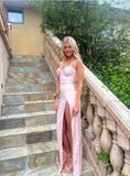 Pink Sweetheart Straps Sheath Satin Long Prom Dress Simple Evening Party Dress Formal Dress With Slit HZ1108