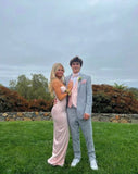 Pink Sweetheart Straps Sheath Satin Long Prom Dress Simple Evening Party Dress Formal Dress With Slit HZ1108