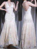 2000s Apricot Mermaid Chiffon Beaded Prom Dress for Party&Birthday Ekegant Backless Halter Evening Gown HZ1108