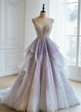 Fairytale Spaghetti Straps A-line Tulle Sequins Deep V Neck Layered Long Ball Gown Formal Evening Dress HZ1108