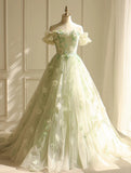 Fairytale Light Green A-Line Tulle Off-the-shoulder Applique Long Prom Dress HZ1108