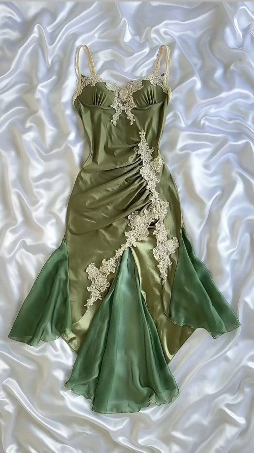 Elegant Olive Green Spaghetti Straps Satin Party Dress Vintage Lace Applique Chiffon Mermaid Evening Dress HZ1108