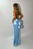 Gorgeous Mermaid Pink Backless Long Evening Dresses Spaghetti Straps Party Dresses with Bowknot HZ1108