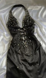 Elegant Black Deep V Neck Satin Mermaid Party Dresses Vintage Backless Beaded Evening Dress HZ1108