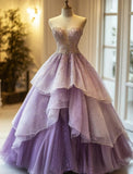 Sweet Gradient Purple Sweetheart Neck Tulle Beaded A-Line Long Prom Dress HZ1108