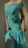 Sweet 16 Blue Off-shoulder Chiffon Bodycon Short Party Dresses 3D Applique Enchanted Homecoming Dresses HZ1108