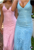 Sweet Pink Spaghetti Strap Mermaid Deep V Neck Tulle Applique Wedding Dress Backless Evening Dress HZ1108