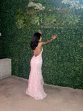 Sweet Pink Spaghetti Strap Mermaid Deep V Neck Tulle Applique Wedding Dress Backless Evening Dress HZ1108