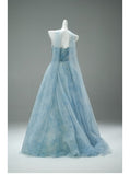 Gorgeous Strapless Blue A-Line Tulle Evening Dress Sparkling Beaded Long Prom Dresses HZ1108