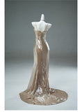 Unique Champagne Spaghetti Strap Mermaid Shining Long Evening Dress Elegant Prom Dress HZ1108