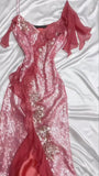 Sparkly Hot Pink Spaghetti Strap Bodycon Sequin Party Dress Prom Dresses with Slits HZ1108