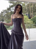 Elegant Dark Gray Purple Spaghetti Straps Sheath Satin Evening Dress Long Prom Dresses HZ1108