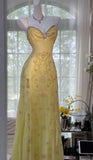 Gorgeous Butter Yellow Spaghetti Straps A-line Tulle Beaded Long Prom Dresses Backless Evening Gowns HZ1108