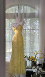 Gorgeous Butter Yellow Spaghetti Straps A-line Tulle Beaded Long Prom Dresses Backless Evening Gowns HZ1108