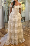 Elegant Ivory Off Shoulder Tulle Lace A-line Wedding Dress HZ1108