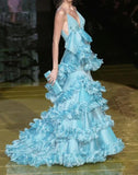 Gorgeous Blue Spaghetti Straps Chiffon Mermaid Formal Evening Dress Unique Prom Dress HZ1108