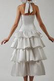 Pink A-Line Halter Prom Dress Tiered Satin Empire-Waist Sleeveless Party Dress 22nd Birthday Dress with Bow HZ1108