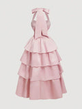 Pink A-Line Halter Prom Dress Tiered Satin Empire-Waist Sleeveless Party Dress 22nd Birthday Dress with Bow HZ1108