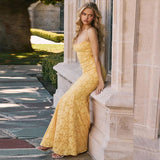 Elegant Yellow Mermaid Spaghetti Straps Prom Dresses Lace Applique Open Back Evening Dress HZ1108