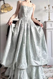Vintage Spaghetti Straps Jacquard Satin A-Line Long Prom Dresses Sweet Backless Evening Gowns HZ1108