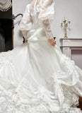 Pretty White A-Line Long Sleeve Tulle Lace Applique Train Vintage Wedding Dress HZ1108