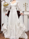 Elegant A-Line V-neck Long Sleeve Embroidered Applique Tulle Long Sleeve Vintage Wedding Dress HZ1108