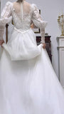 Charming A-Line White Turtleneck Lace Beading Tulle Long Sleeve Vintage Wedding Dress HZ1108