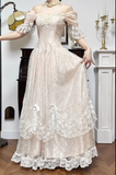 Sweet Light Champagne Off-the-shoulder A-Line Princess Prom Dresses Chiffon Lace Vintage Wedding Dress HZ1108