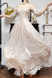 Sweet Light Champagne Off-the-shoulder A-Line Princess Prom Dresses Chiffon Lace Vintage Wedding Dress HZ1108