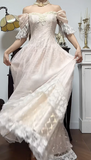 Sweet Light Champagne Off-the-shoulder A-Line Princess Prom Dresses Chiffon Lace Vintage Wedding Dress HZ1108